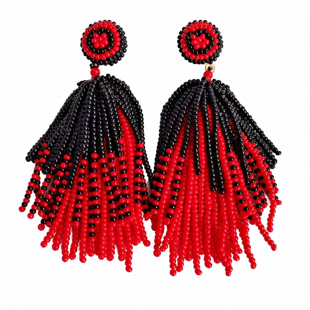 Lucy Lu's Boutique Red Black Seed Beaded Tassel Fringe Dangle Drop Earrings NEW